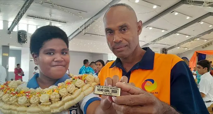 Mahatma Gandhi Memorial (MGM) High School head girl Ulita Koro, with her father Jale Koro during the school’s prefect induction on March 1, 2023. Photo: Wati Talebula-Nuku