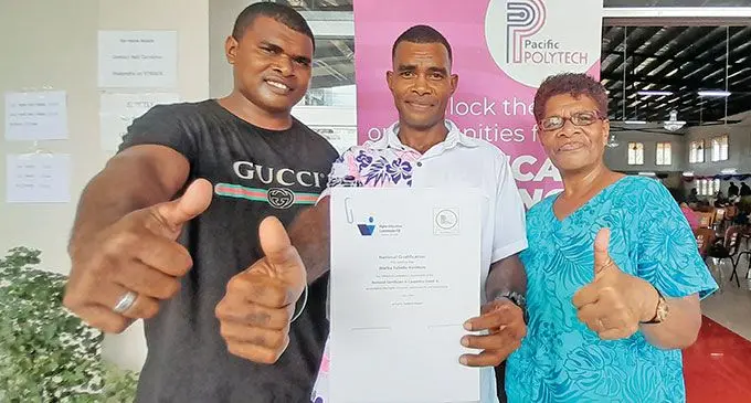 From left: Proud brother Nasoni Ravosai, graduate Marika Tuikaba Ravosai, and mother Elena Ravosai at the Pacific Polytech graduation in Nausori on May 3, 2024. Photo: Wati Talebula-Nuku
