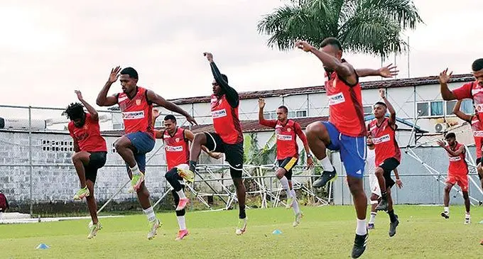Rewa striker Setareki Hughes (second from left) leads the players during training at the Fiji FA Academy ground in Vatuwaqa, Suva. Photo: Fiji FA Media