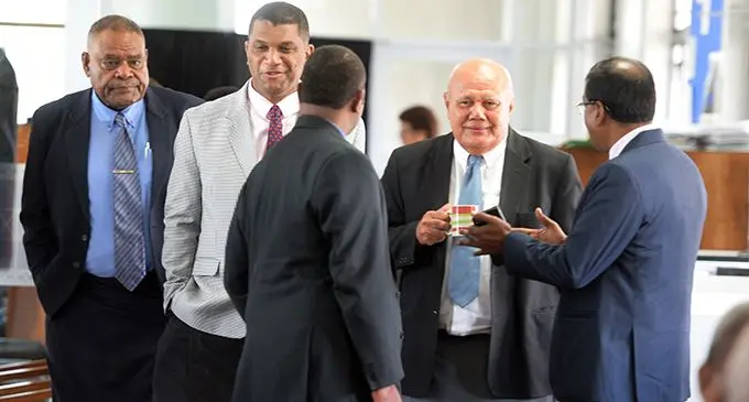 From left: Opposition Members of Parliament Mikaele Leawere, Aseri Radodoro, Mosese Bulitavu (back facing camera),  Viliame Qavoka and Biman Prasad in Opposition Chambers after walking out of Parliament on February 18, 2020.  Photo: Ronald Kumar