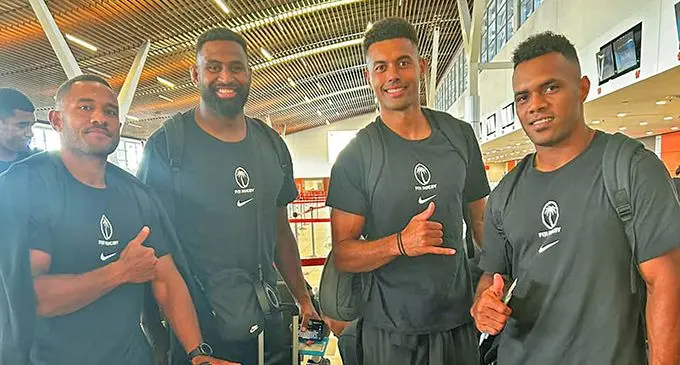 Off to Japan... FIJI Water Flying Fijians players (from left) Teti Tela, Temo Mayanavanua, Ben Volavola and Sireli Maqala at the Nadi International Airport on August 1, 2023. Photo: FRU Media