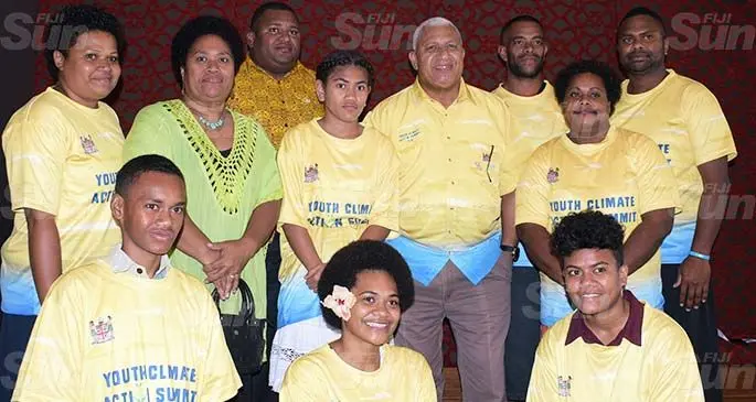 Fiji Youth Climate Change participants with Prime Minister Voreqe Bainimarama during the National Youth Climate Action Summit at the Grand Pacific Hotel on March 16, 2021. Photo: Ronald Kumar