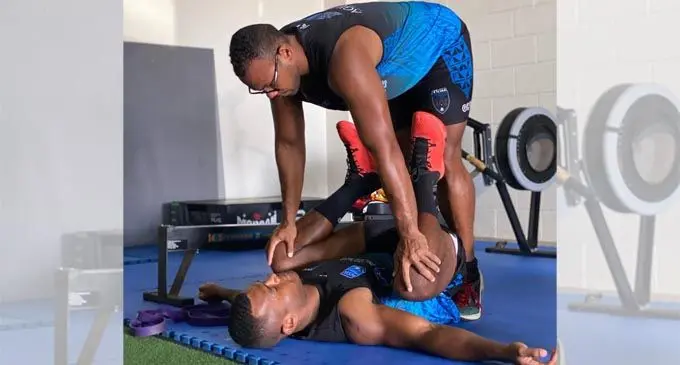 Kaiviti Silktails rugby league club’s physio Isaiah Elder works on one of the players during training at the club’s gym in Lautoka on January 22, 2021.  Photo: Kaiviti Silktails RLC