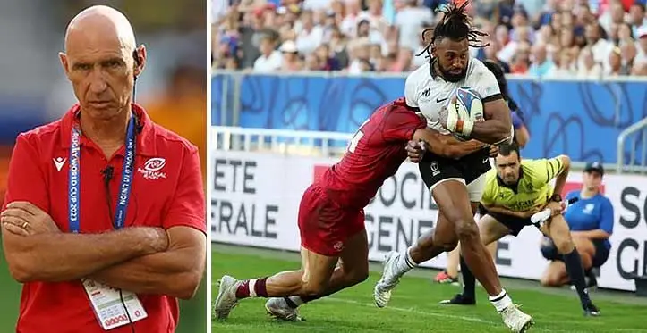 Portugal head coach Patrice Lagisquet, Image: Flashscore/ Right: Flying Fijians captain and centre Waisea Nayacalevu scores the first try that led to their fightback to register a 17-12 win over Georgia in their Pool C clash of the Rugby World Cup at Stade de Bourdeaux in France on October 1, 2023. Photo: AFP