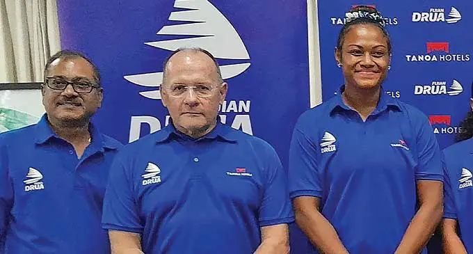 Tanoa Group area general manager Narend Kumar, Fijian Drua chief executive officer Mark Evans and Asinate Serevi at the sponsorship announcement in Nadi. Photo: Waisea Nasokia