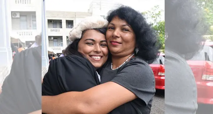 Usha Singh (right) congratulates her daughter, Sheena Singh on February 21, 2018. Photo: Ronald Kumar