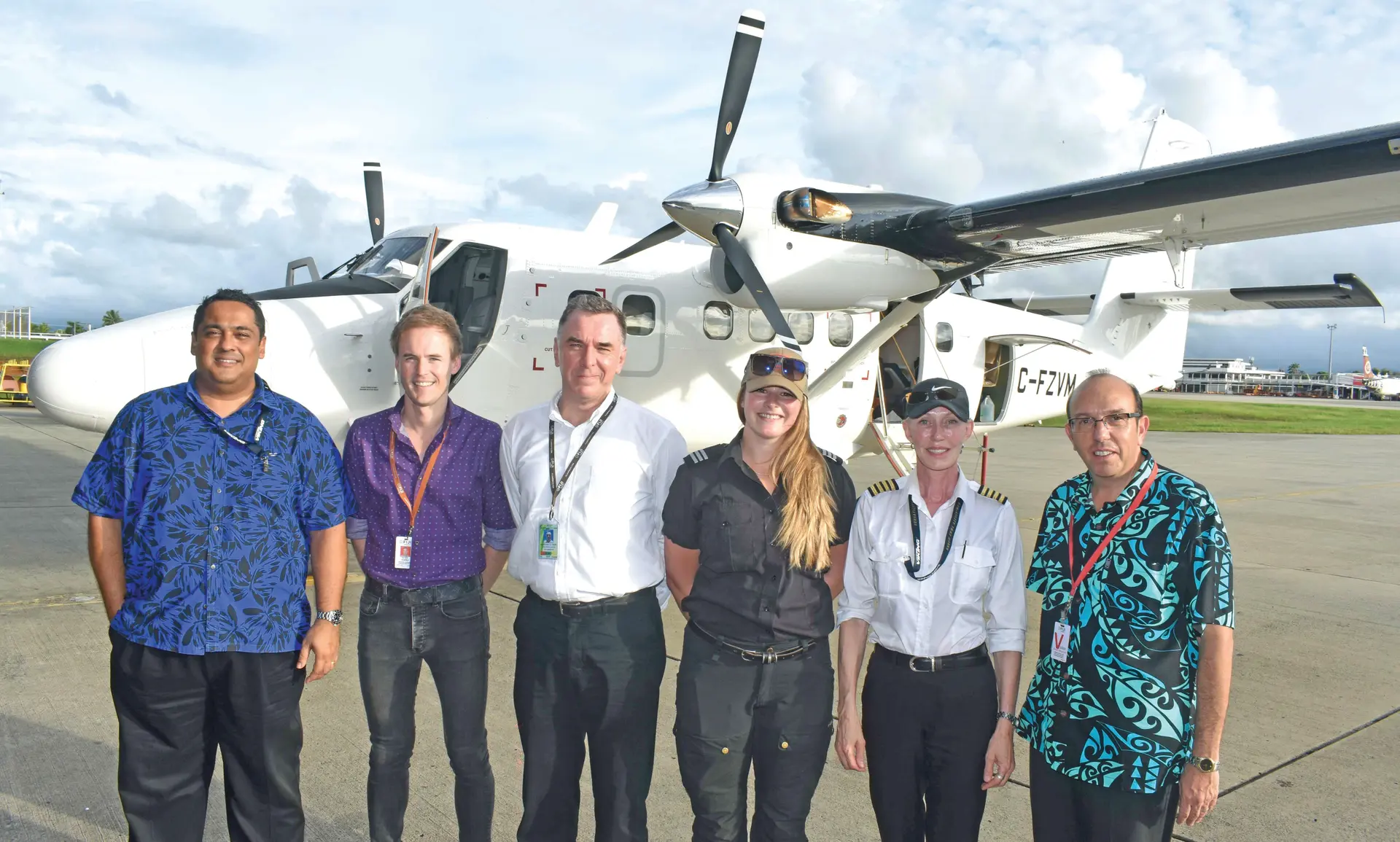 From left: Fiji Link general manager Athil Narayan, Fiji Airways general counsel  Peter Seares, Fiji Airways Financial Officer Nick Caine, first officer Andrea Cessard, Captain Diana Speere and Fiji Airways chief commercial officer Marc Cavaliere with the second new modern VIKING DHC-6 Series 400, Twin Otters that arrived at the Nadi International airport on Wednesday, February 7, 2018.  Photo: Waisea Nasokia