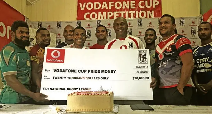 Fiji National Rugby League chief executive Timoci Naleba(fourth from left) with 2018 Vodafone Cup participating captains  on February 28,2018. Photo: Nacanieli Tuilevuka 