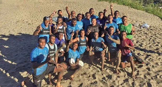 Fijian 7s training squad with Waisale Serevi at the Sigatoka sand dunes on April 9, 2021. Photo: FRU Media