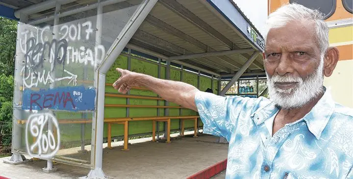 Khalsa Road resident, 70-year-old Akbar Singh in front of the vandalised bus shelter on Khalsa Road on January 30, 2019. Photo: Ronald Kumar
