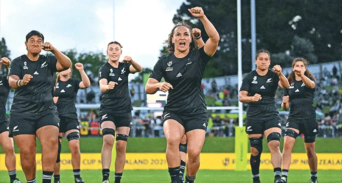 New Zealand winger and top try-scorer Portia Woodman leads the Haka during their Rugby World Cup 2021 quarterfinal match against Wales at Northland Events Centre, Whangarei, New Zealand on October 29, 2022. Photo: Hannah Peters/World Rugby