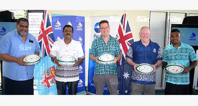 From left- Fiji Rugby Union CEO, John O’Connor, Minister for Youth and Sports Praveen Bala, Australia’s Minister for International Development and the Pacific Zed Seselja, Fijian Drua interim CEO, Brian Thorburn and Olympian Jerry Tuwai after the FJD2.7m PacificAus Sports sponsorship announcement of the Fijian Drua on November 16, 2021. Photo: Ronald Kumar