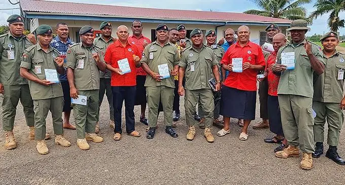 Republic of Fiji Military Forces Officer-in-charge, Major Penasio Mamao, with personnel as they voted during the Fijian Elections Office (FEO) pre-polling services at the Sukanaivalu Victory Cross (SVT) Barracks, Labasa in the Northern Division Headquarters on December 9, 2022. Photo: Sampras Anand