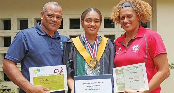 Keona Saukuru with parents, Apenisa Saukuru and Sainimili Saukuru after the Dayspring Christian College prizegiving ceremony on November 28, 2019. Photo: Kelera Sovasiga