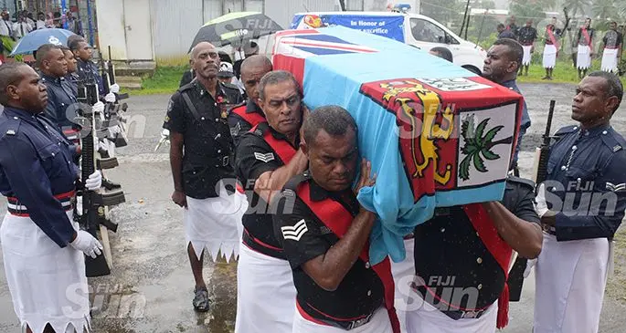 Police pallbearers carry the casket of the late Constable Siuta Niumataiwalu on October 26, 2019. Photo: Ronald Kumar