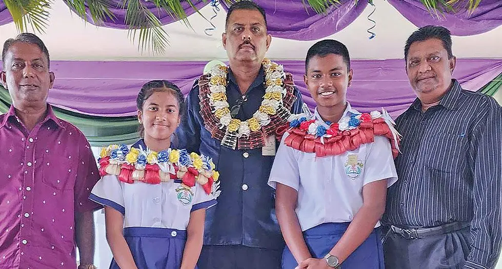 From left: School manager Ramesh Naidu, head girl Prisha Pranali Naidu, Officer in charge of Sigatoka Police Station Shamim Has-san, head boy Ryansh Avinav Anand and head teacher Reaz Ullah. Photo: Waisea Nasokia
