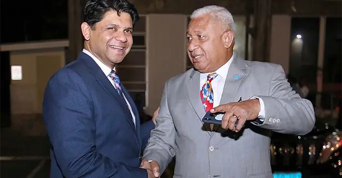 Attorney General and Minister for Economy Aiyaz Sayed-Khaiyum with Prime Minister Voreqe Bainimarama outside Parliament on June 28, 2018. Photo: DEPTFO