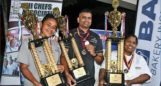 L-R Fiji Junior Chef of the year winner Francis Wakeham, Pastry chef of the year winner Muni Vikash Chetty, and Fiji Chef of the Year winner Aziman Bibi. Photo: Waisea Nasokia