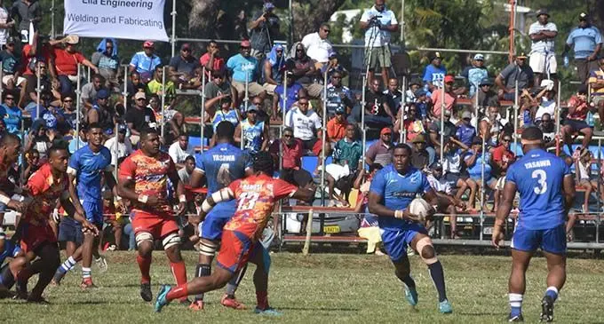 Yasawa Marlins centre Kalione Nasoko looks for a gap in the Namosi defence during their Skipper Cup clash at Nadovu Park in Lautoka on  August 15, 2020. Namosi won 31-30.  Photo: Waisea Nasokia