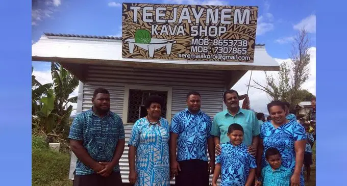 Minister for Youth and Sports Parveen Bala (fourth from left) with Seremaia Koroi (third from left) at his Kava Shop.