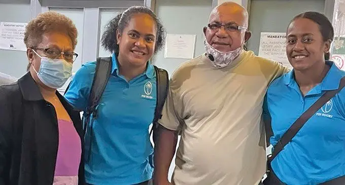 Younis Bese (second from left) with her parents and Vive Sikisawana at Nadi International Airport on March 20, 2022.