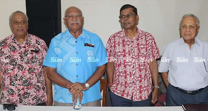 From left: Unity Fiji leader, Savenaca Narube, The People’s Alliance leader, Sitiveni Rabuka, National Federation Party leader, Biman Prasad, and Fiji Labour Party leader, Mahendra Chaudhry, during a joint press conference at Victoria Palms Hotel in Suva on December 15, 2022. Photo: Ronald Kumar