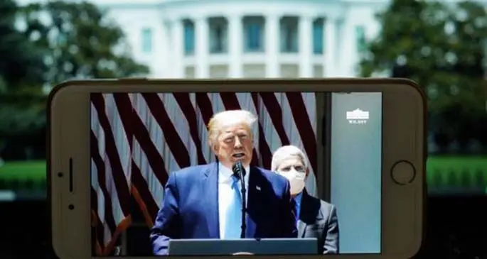 Live broadcast of U.S. President Donald Trump speaking at a press briefing at the White House in Washington D.C., the United States. (Xinhua/Liu Jie)