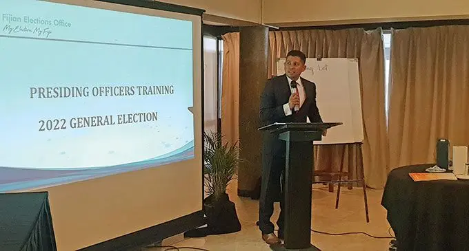 Supervisor of Elections, Mohammed Saneem speaking during the launch of the Presiding Officers training for the 2022 General Election at the Tanoa Waterfront Hotel in Lautoka on April 19, 2022.  Photo: Nicolette Chambers