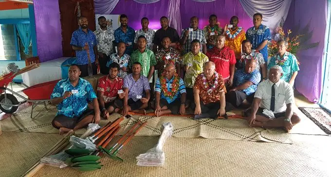 Waiqanake seafarers with Minister for Youth and Sports Laisenia Tuitubou (seated fourth from left) and MSAF chief executive officer John Tunidau (seated fifth from left) after the Boat Masters and Class 6 Restricted Master/Engineer Training at Waiqanake outside Lami. Photo: MSAF