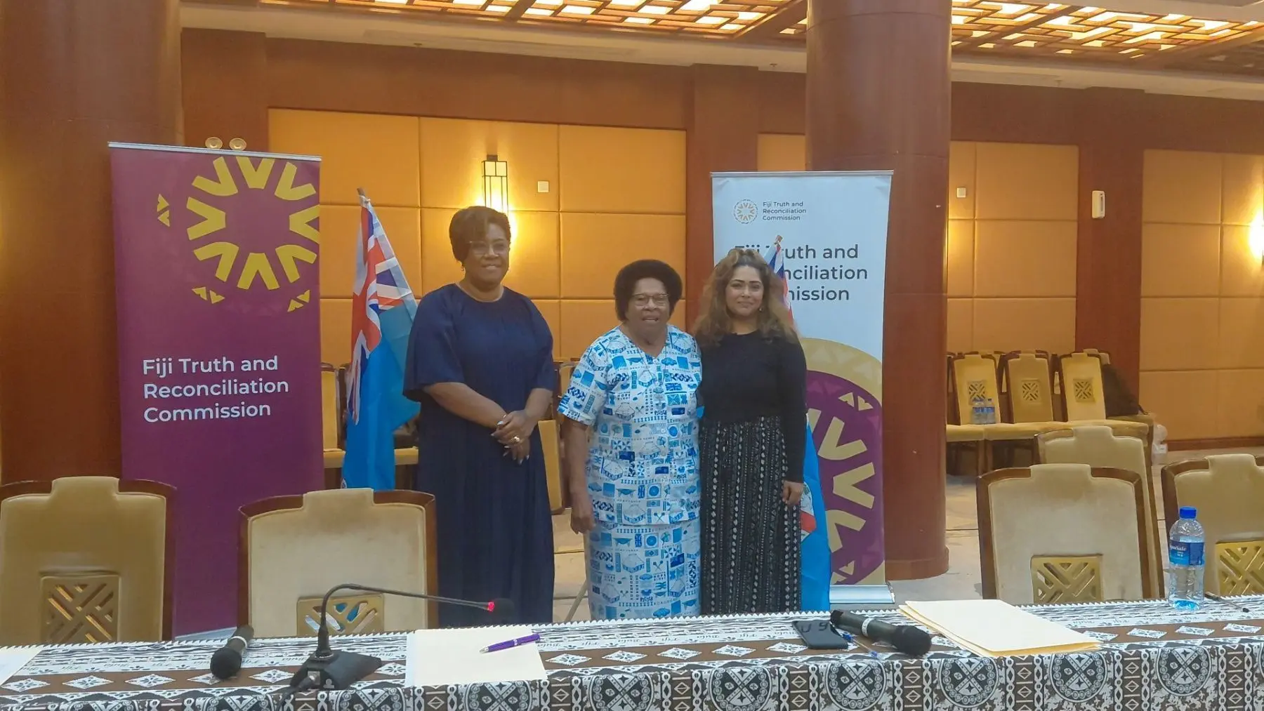 From left - FTRC Commissioner Ana Laqeretabua, Sister Teresia Tinanisolo and FTRC Commissioner Rachna Nath at the Suva Civic Centre on November 11, 2025. Photo - Kaneta Naimatau..jpg