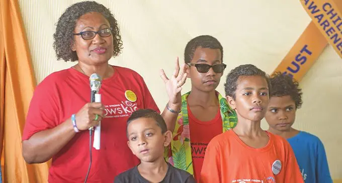 Mere William of WOWs Kids Fiji with some of the children under going treatment Rishav Lal, Pilipe Balaitavuki, Avolonia, Solomone Tuinakoro during Value City morning tea onAugust 18, 2023. Photo: Ronald Kumar