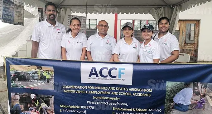 Accident Compensation Commission team from left: Anjeet Charan, Asenaca Rakuro, chief executive officer Parvez Akbar, Shafia Sharif, Fehrin Ali and Megna Chand during the the second day of the Navua Rock Market on October 3, 2020 . Photo: Lusiana Tuimaisala