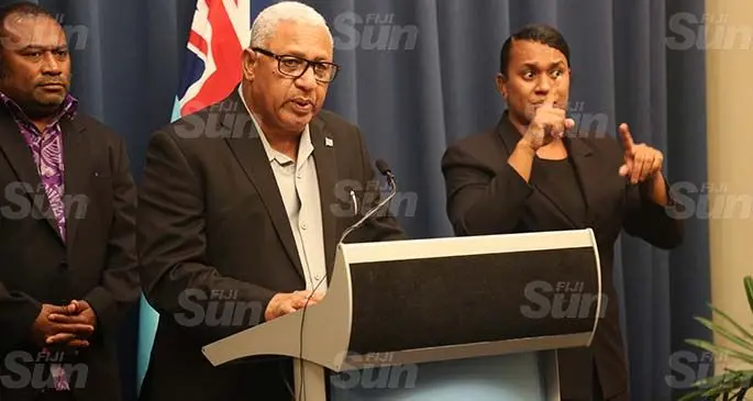 Prime Minister Voreqe Bainimarama and Minister for Health and Medical Services Dr Ifereimi Waqainabete at the press conference in Suva on March 21, 2020. Photo: Inoke Rabonu