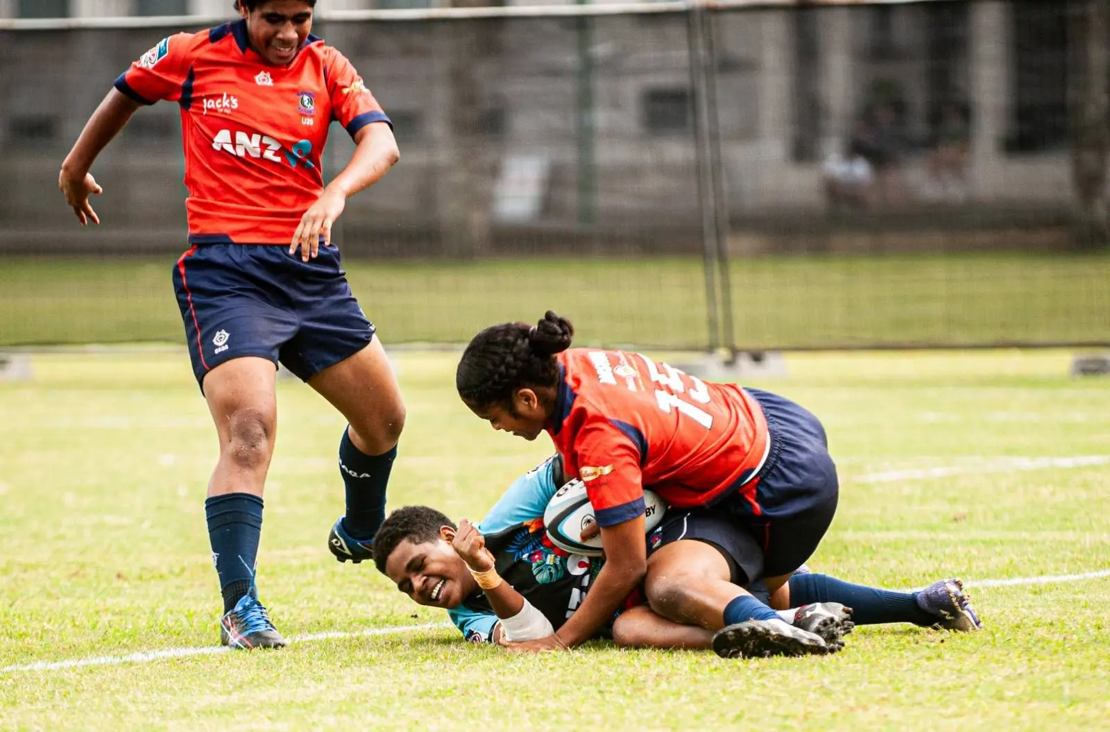 Suva Under-20 women’s player scores a try against Nasinu in their 101-10 quarterfinal win at Suva’s Albert Park. Photo: FRU Media. 