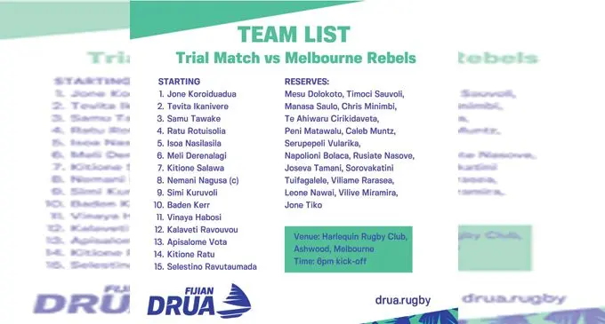 TEAM LIST - Trial vs Rebels