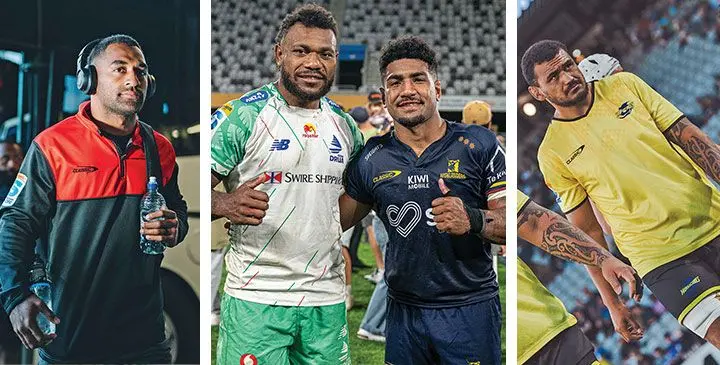 From left: Crusaders’ Sevu Reece, Swire Shipping Fijian Drua’s Elia Canakaivata, Highlanders’ Veveni Lasaqa and Isaia Walker-Leawere.