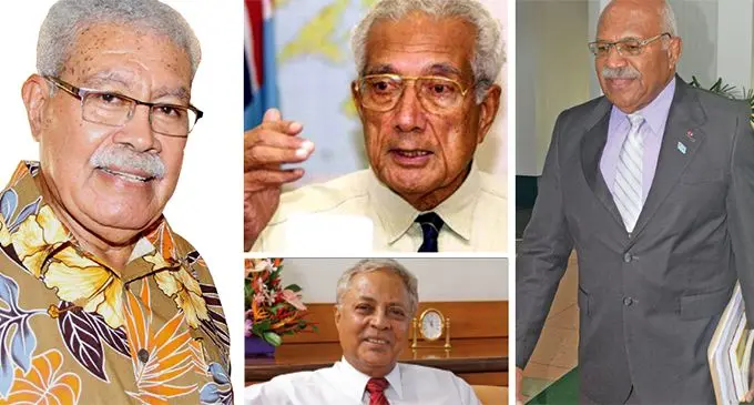 Former Prime Ministers of Fiji, L-R: Laisenia Qarase, Ratu Sir Kamisese Mara (top), Mahendra Chaudhry (bottom) and Sitiveni Rabuka