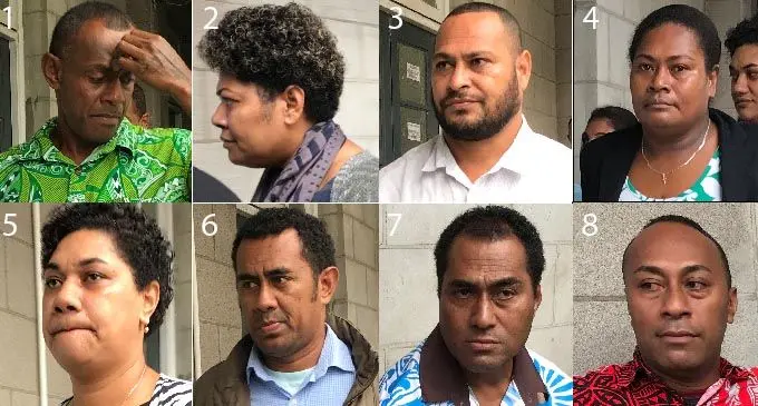 1 - Milio Raiyawa. 2 - Mereoni Drawe , 3 - Taniela Samutitoga, 4 - Salote Caraqeti, 5 - Adi Mara Rufina Qaranivalu, 6 - Jack Edward Hiramatsu, 7 - Temo Tuilailai and 8 - Vereti Sigavakarau Sawaqa , outside the Magistrates Court in Suva.  Photo: Ashna Kuma