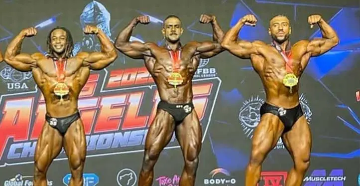 Fijian Bodybuilder Jordan Pillay (middle) at the Los Angeles Championship in the Hilton Anaheim Convention Centre on July 22, 2023.