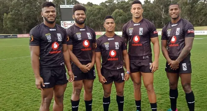 Vodafone Fijian Bati reps (left-right) Maika Sivo, Mikaele Ravalawa, Penioni Tagutuimua, Vili Kikau, Suliasi Vunivalu during training in Sydney, Australia on June 17, 2019. Photo: FNRL