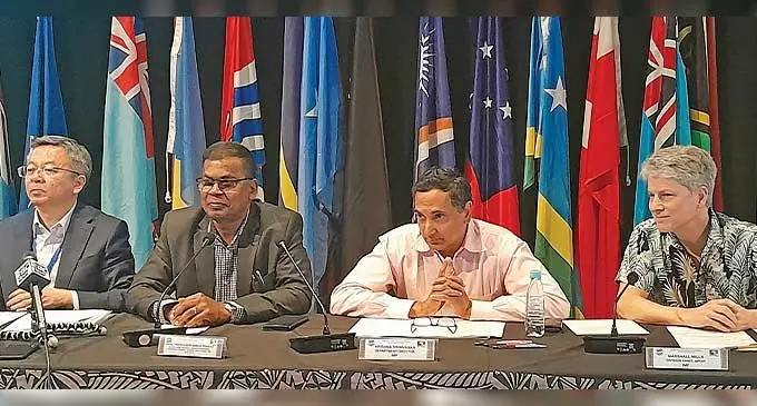From left: International Monetary Fund (IMF) deputy managing director Bo Li, Minister for Finance Biman Prasad, IMF department director Krishna Srinivasan, and IMF chief for Fiji, Asia and Pacific department, Marshal Mills. Photo: Waisea Nasokia