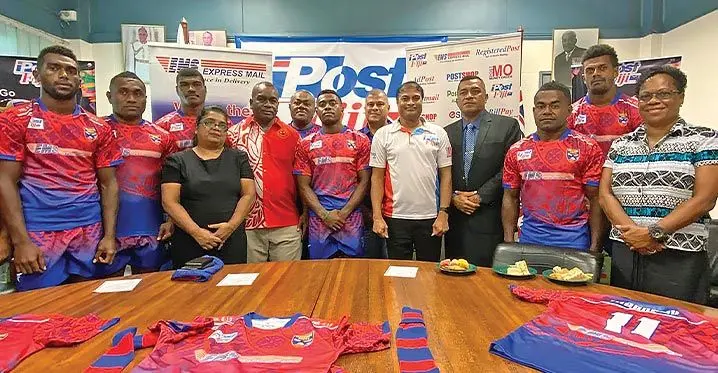 Post Fiji chief executive officer Anirudha Bansod (fifth from right) with Post Fiji staff and Tabadamu players and club officials at the Post Fiji boardroom in Suva on February 20, 2023. Photo: Sereana Salalo