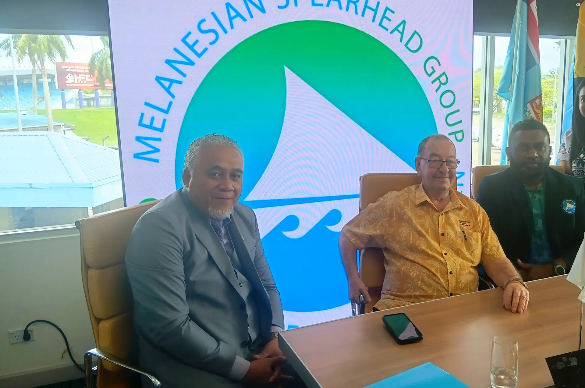 : (Ministry of Youth and Sports Deputy PS Philip Heneriko, Fiji National Sports Commission Ceo Peter Mazey, Programme Manager Arts Culture, Youth and Sports of the Melanesian Spearhead Group Secretariat Henry Bill. 15th September, 2026.) Photos: Tevita Wesele.