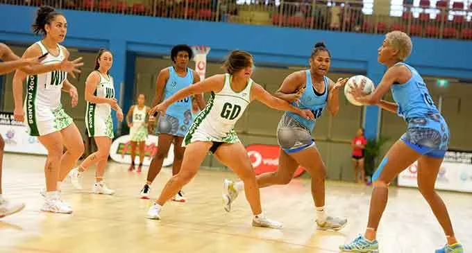 Fiji Pearls shooter Maliana Rusivakula (with ball) on attack against the Cook Islands during their Vodafone Oceania Netball World Cup qualifier match at the Vodafone Arena on July 23, 2022. Photo: Ronald Kumar