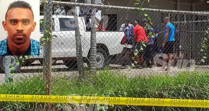 Police officers carry the body of Hasneel Sharma, out from the Old Mobil Service Station at Topline, Lautoka. Photo: Nicolette Chambers Inset: 22-year-old Hasneel Sharma.