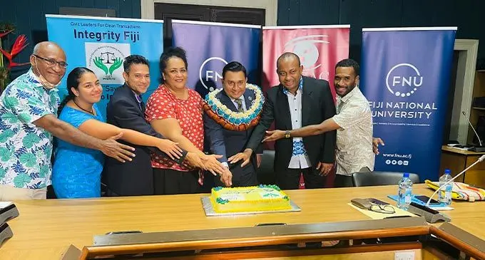 Dr Joseph Veramu of FNU, FNU Student Elsie Pickering, FNU acting dean CHE Jerry Wong, Ethic and Governance acting HOD Makereta Mua, FICAC commissioner Rashmi Aslam, Planning Officer Fiji Police Force Poliasi Colamoto and chairperson of Integrity Fiji Jofiliti Veikoso during the launch of Ethics and Anti- Corruption in Oceania (EACO) short course at Fiji National University in Nasinu on July 15, 2022. Photo: Nolishma Narayan