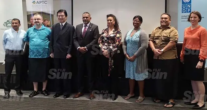 From left: United Nations Capital Development Fund deputy programme manager Krishnan Narasimhan, Resident Representative of the United Nations Development Programme Pacific Office in Fiji Levan Bouadze, Japanese Ambassador to Fiji Masahiro Omura, Minister for Tourism Faiyaz Koya, Fiji Hotel and Tourism Association chief executive officer Fantasha Lockington, Deputy chief execuitve officer for Australia Pacific Training Coalition Lori Banks Dutt, Pacific Tourism Organisation chief execuitve officer Christopher Cocker and Australian High Commission Regional Counsellor – Political and Economic Development Renee Deschamps after the launch of the COVID-19 Socio - Economic Response Project on June 8, 2020 at the Holiday Inn, Suva Photo: Laiseana Nasiga