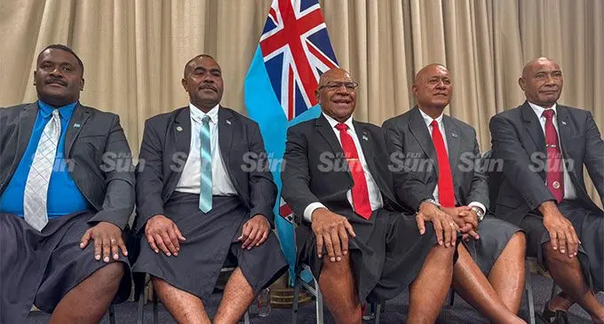 Aliki Bia-Assistant Minister for Informa­tion, Mosese Bulitavu-Minister for Environ­ment and Climate Change, Prime Minister Sitiveni Rabuka, Ioane Naivalurua-Minister for Policing, and Viliame Naupoto-Minister for Immigra­tion.  