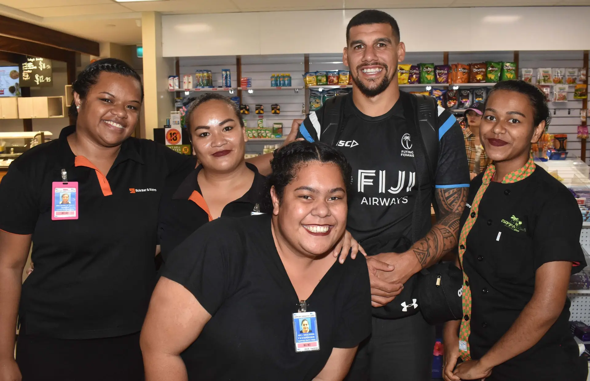 Back in Nadi... Fiji Airways Flying Fijians (from left), Mosese Voka, video analyst Josh Vuto, Kini Murimurivalu, Api Ratuniyarawa, Lee Roy Atalifo, Team manager Willie Baleinabuli and Veremalua Vugokoto.  Photo: Mereleki Nai