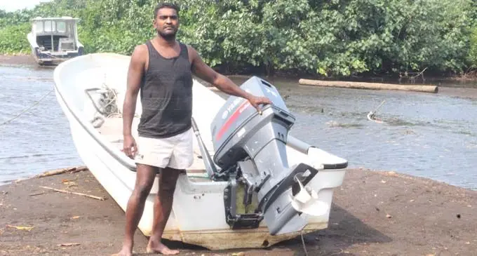 Mohammed Hessad with his boat and engine on Taveuni Island on February 15, 2018. Photo: Wati Talebula